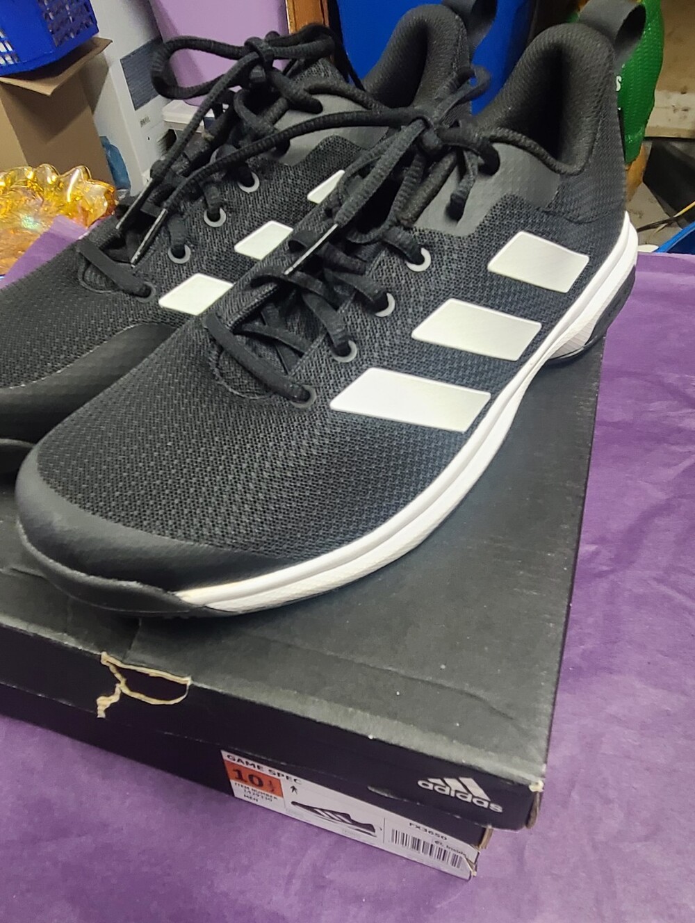 Adidas Men's Black Athletic Sneakers with White Stripes, Size 10.5 Game Spec, Eu